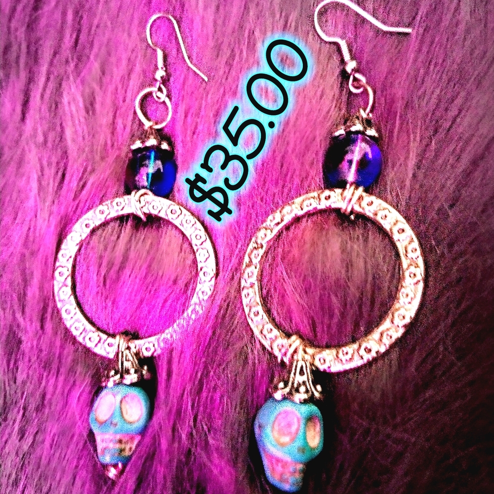 Silver and Blue Skull Earrings